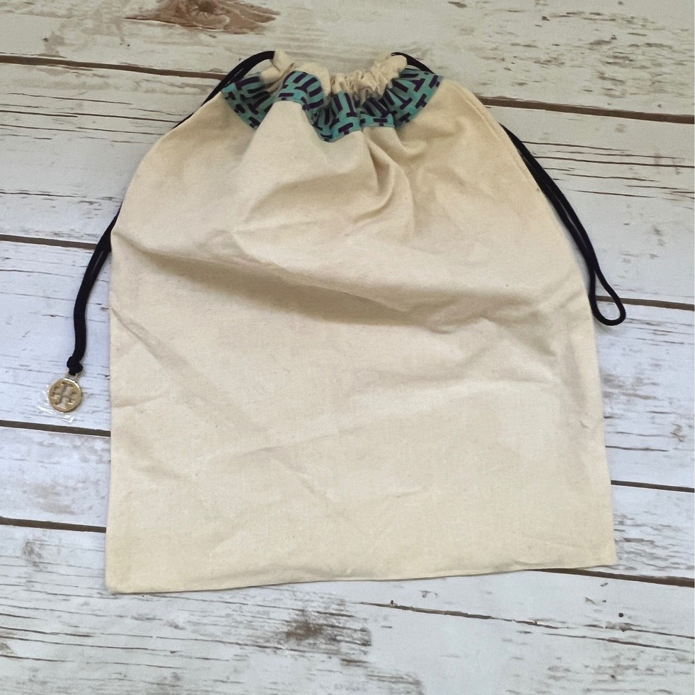 Tory Burch Dust Bag Cream Teal Navy Logo Trim Drawstring Pouch OS